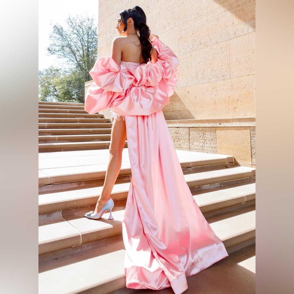 Strapless Pink Midi Dress with Feather & Sequin Detailing and custom cape - Picture 15 of 15